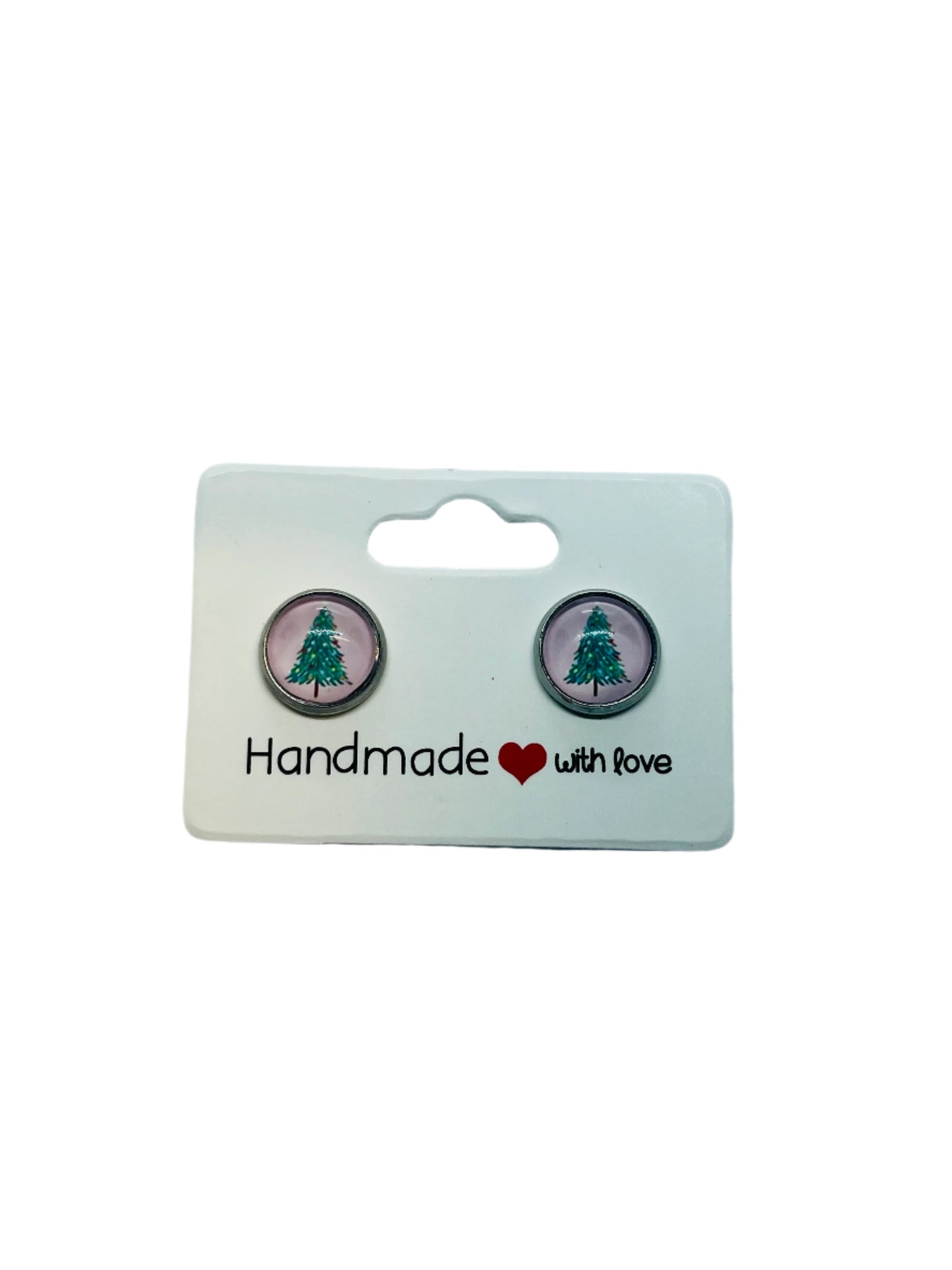 Pink & Christmas Tree 10mm Earrings