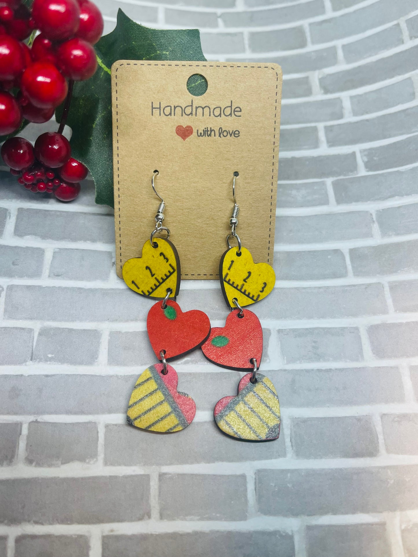 Dangle Heart Teacher Wooden Earrings