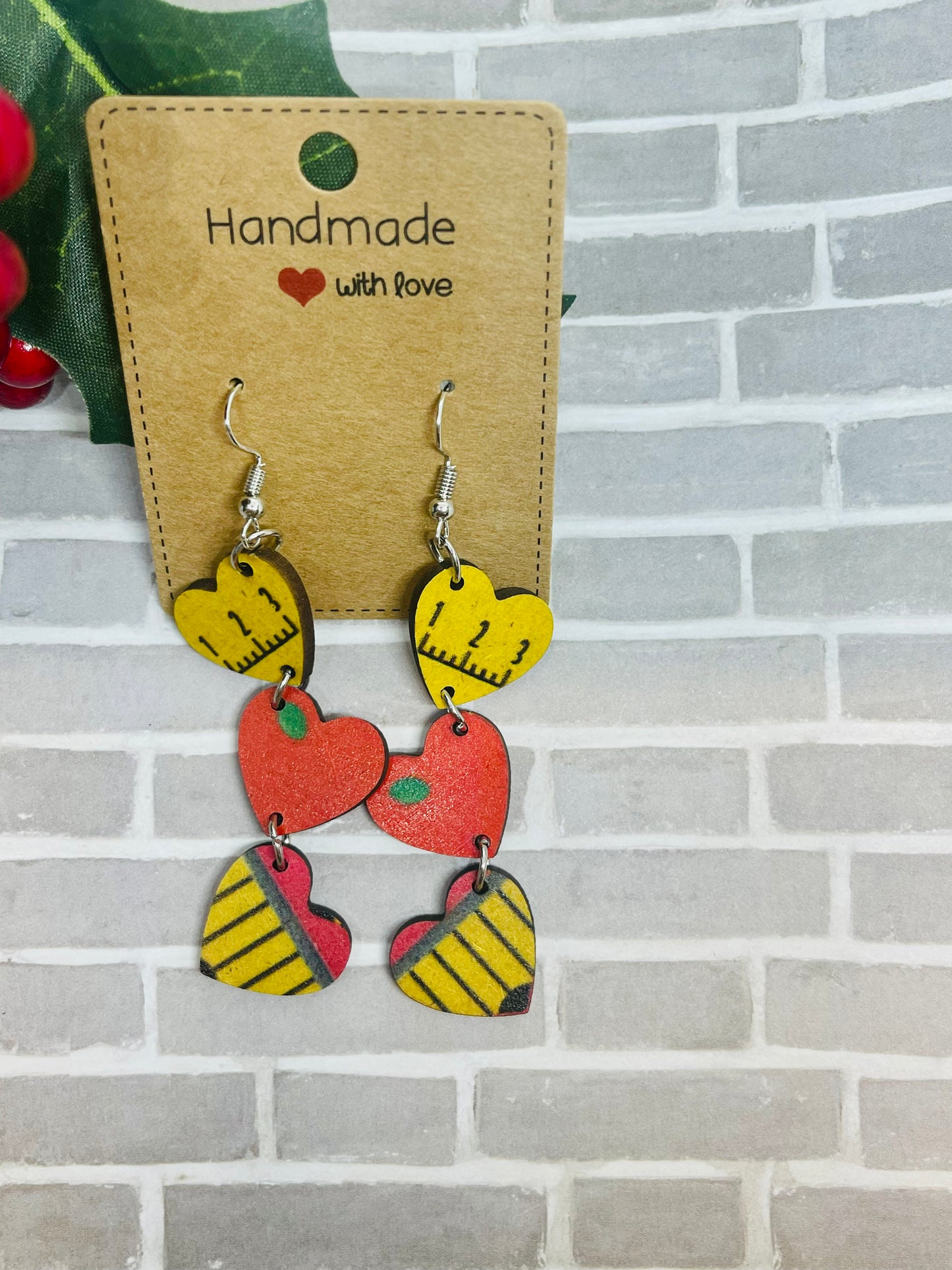 Dangle Heart Teacher Wooden Earrings