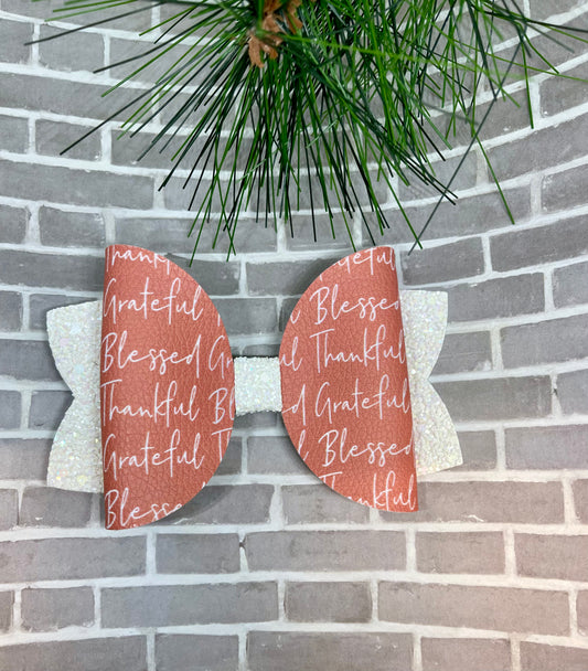 Thankful, Grateful, Blessed White Letters Bow