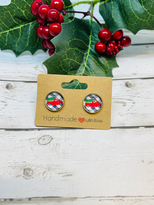 Buffalo Plaid Christmas Truck Earrings