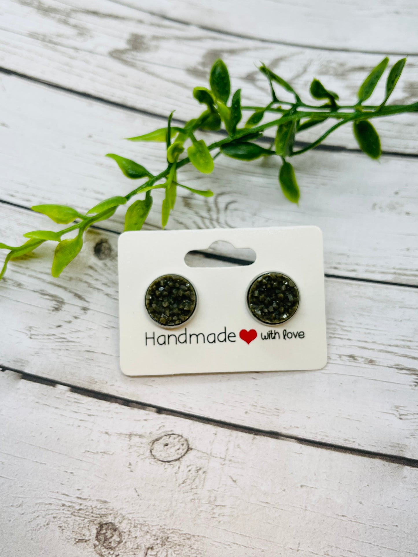 Dark Olive Gray Druzy Earrings