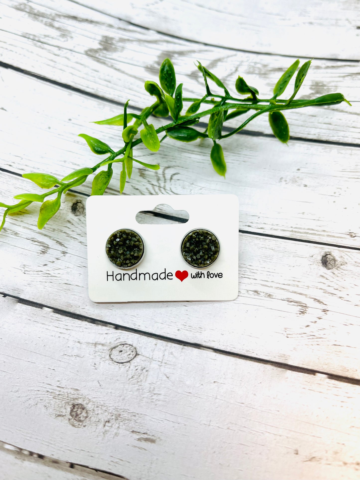 Dark Olive Gray Druzy Earrings